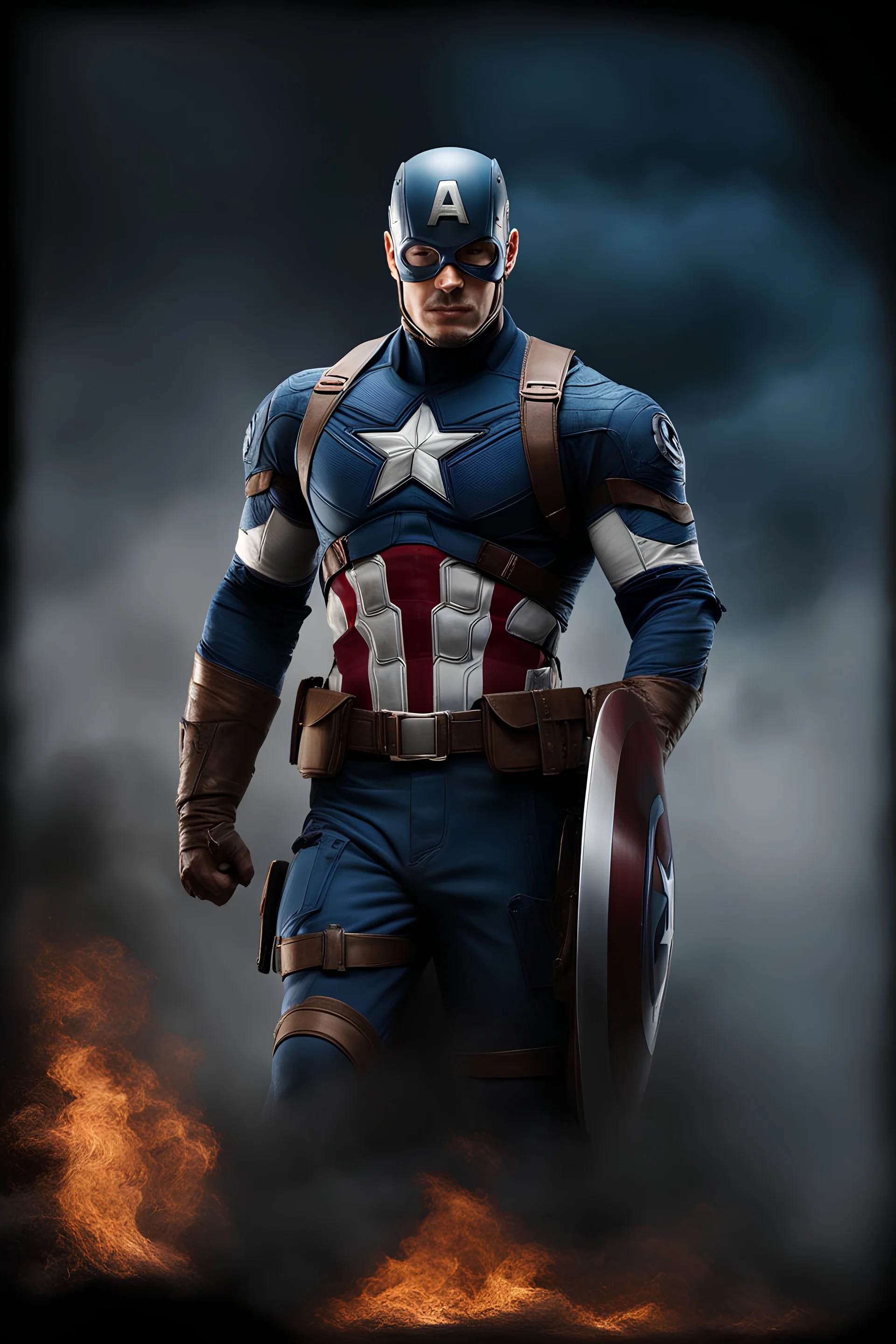 3D Portrait of Alan Ritchson as Captain America, perfect body, perfect face, perfect eyes, dark hair, glamorous, gorgeous, delicate, romantic, realistic, romanticism, blue tones, Boris Vallejo - Pitch black Background - dark, wood panel wall in the background - fire, fog, mist, smoke