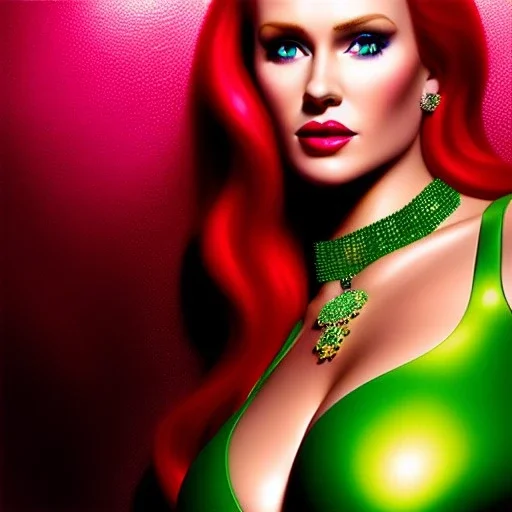 portrait in oil of young busty beautiful Red Sonja, minimal skintight latex pink dress, mystical colors, insanely detailed,insanely realistic skin,intrincate detail, 16k resolution,with big crystal clear green eyes looking to viewer, with ruby necklace by Adam hughes 16k