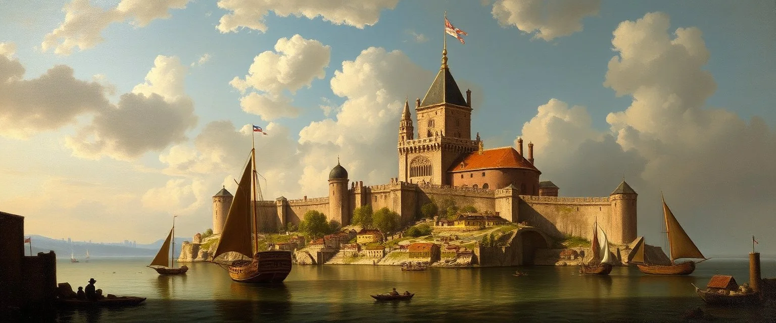 master oil painting by Rembrandt, floating fortress