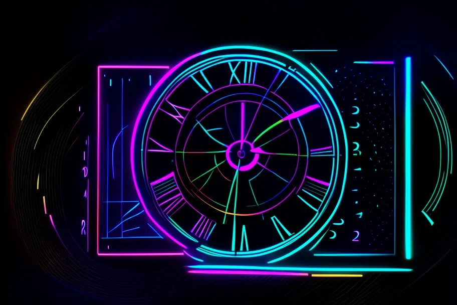 black background, outlines of a holographic clock and a calendar drawn from thin neon-coloured glowing lines