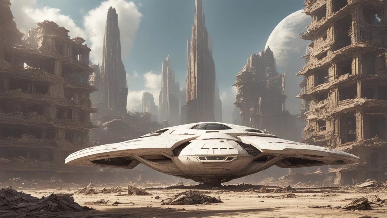 A small, wide, squat, sleek Spaceship in a ruined alien city, surrounded by tall damaged buildings, clear sky, small white clouds, photorealistic