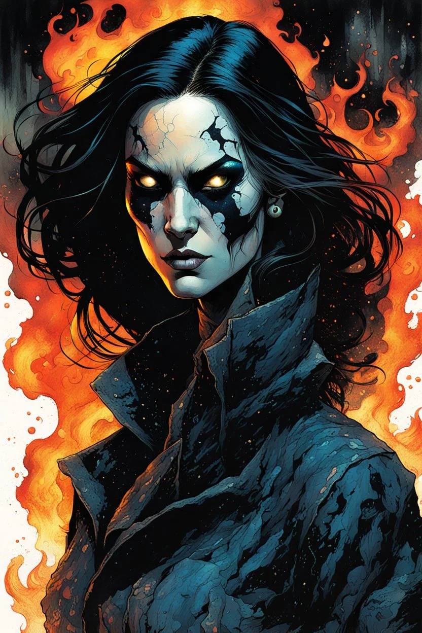 create an imaginative print illustration of a dreaded, feared and emaciated, raven haired, female, blind Nordic seeress, malevolent and dangerous, dressed in rags, with finely detailed, weathered and deeply lined facial features, wreathed in a maelstrom of fire, in the comic book art style of Bill Sienkiewicz, Mike Mignola, and Jean Giraud Moebius, finely textured, drawn, colored, and inked