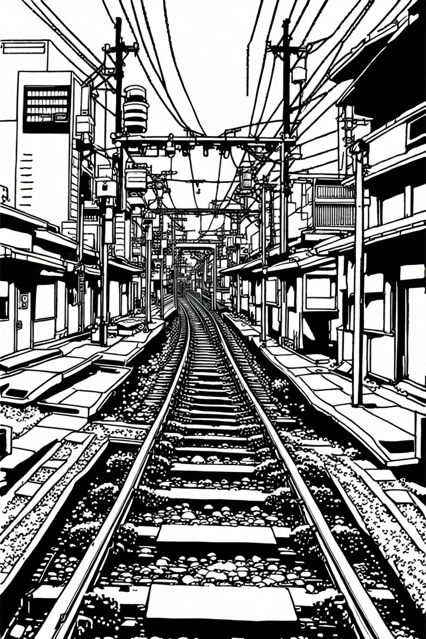 Tokyo train tracks, line arts, manga style