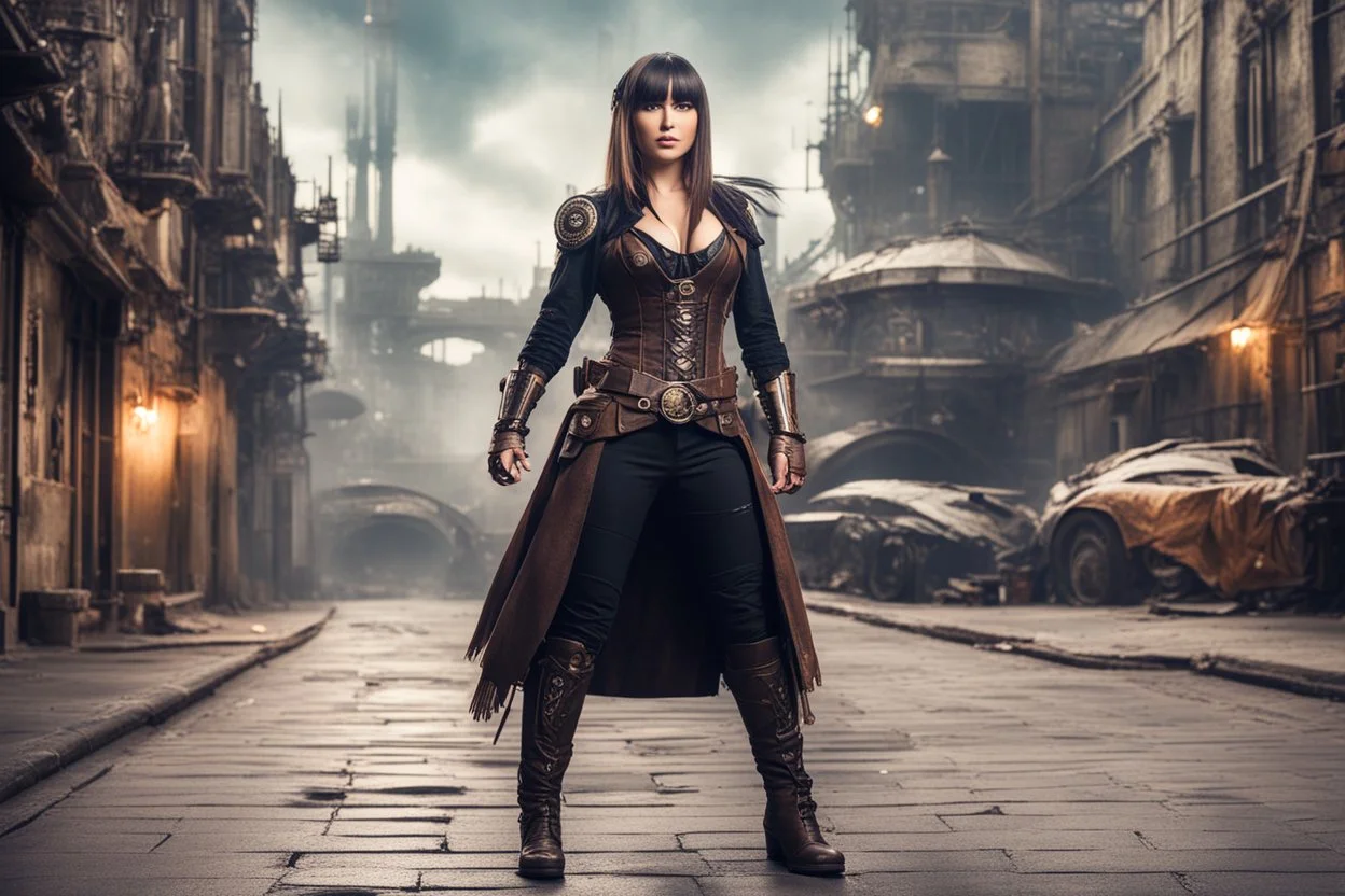 Full Body Photo Of A Woman With Straight Hair And A Fringe Hairstyle, heroic stance, Sci-Fi Steampunk street Background