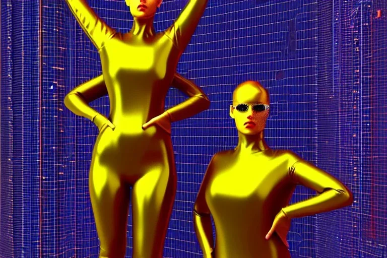 Golden surfaces body, latex. partly coverage metallic. Hot Russian military women troop. Old-fashioned telephones, cameras integrated to heads. Matrix leather. Strange Cyber-punk machines! Dystopia perfect body. Red&blue 3D-tiling. Partly symmetrical in relation to machines. Perfect golden ratio in vertical and horizontal directions. warping time-space-continuum. Steam-machines in 5th dimension Tessellation in 4-dimension long tendrils. paranoid neon disco. Oppressive atmosphere.