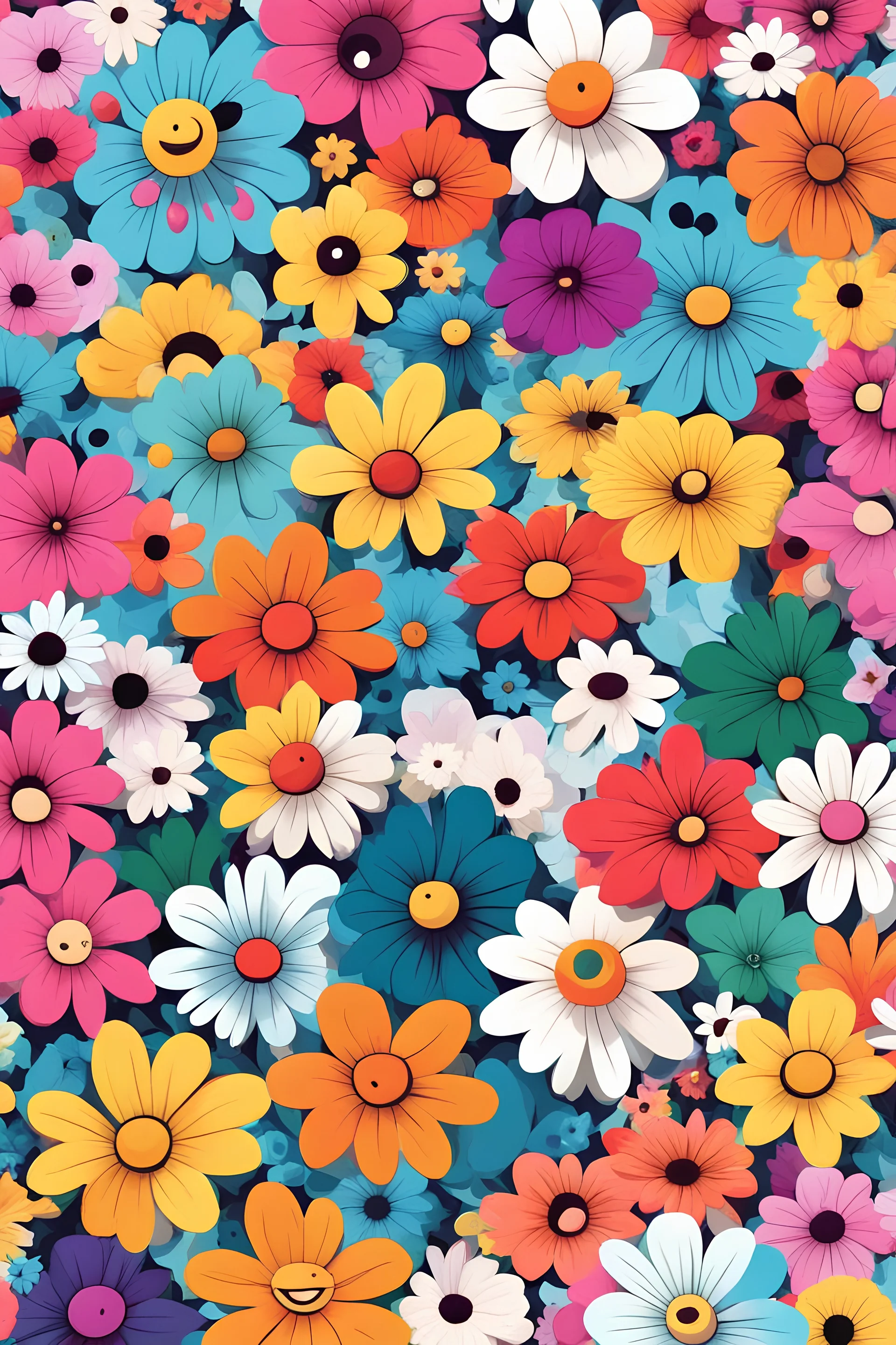 colorful different cute flowers with faces , clip art, pattern, plain white background,