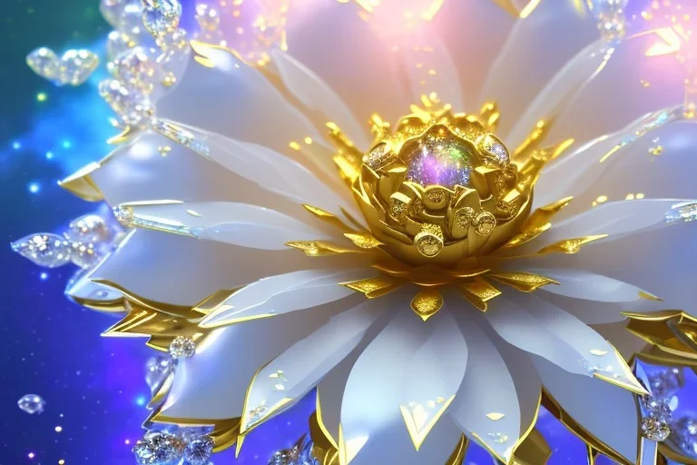  white and gold crystal flower in a galactic ambiance, transparent petals, delicate colors, full of details, smooth, bright sunshine，soft light atmosphere, light effect，vaporwave colorful, concept art, smooth, extremely sharp detail, finely tuned detail, ultra high definition, 8 k, unreal engine 5, ultra sharp focus