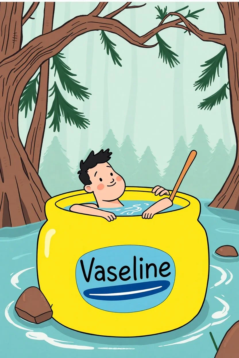 a picture of a guy bathing in a big yellow Vaseline jar, he is in a adventure park, with his wife, art style cal arts, simple character design, round mouths non tapering lines, minimalist and fluid