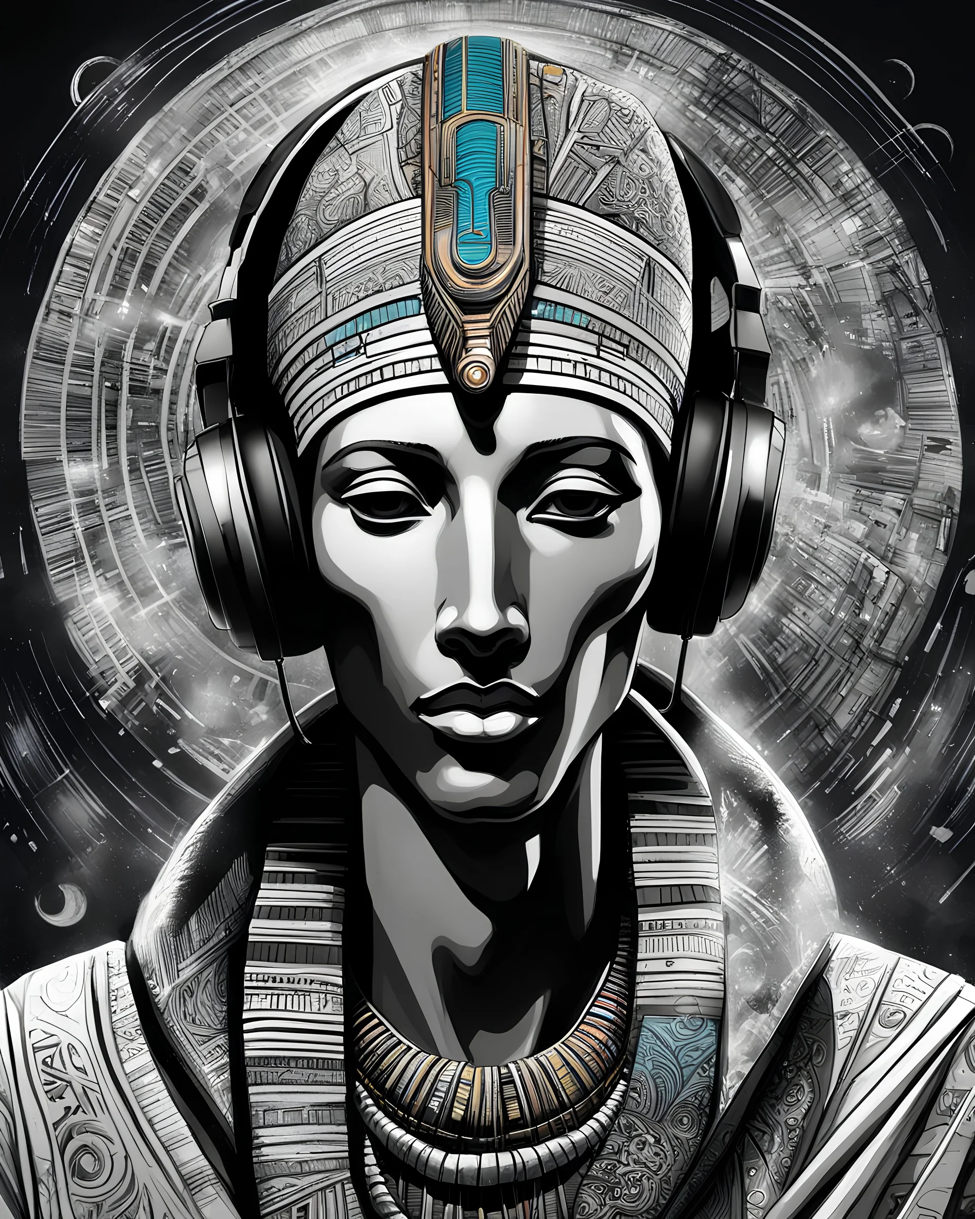 Illustrative sketch of Pharaoh Akhenaten in music with headphones, contrasting colors, ultra quality, hyper detailed, graffiti, concept art, maximalism, 8k