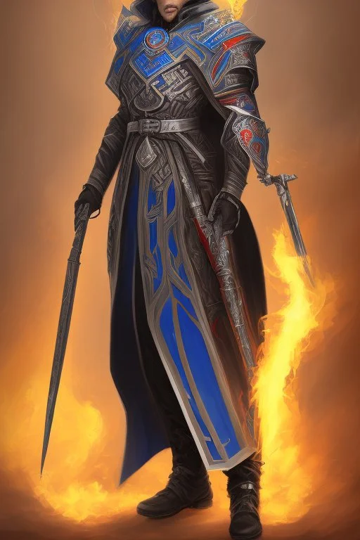 A commander with a matte black combat helmet and eyes with bright blue flaming pupils, a black cape and a long coat with long combat boots and a long, sharp and fiery spear and with his helmet under his cape and two blue flames instead of eyes