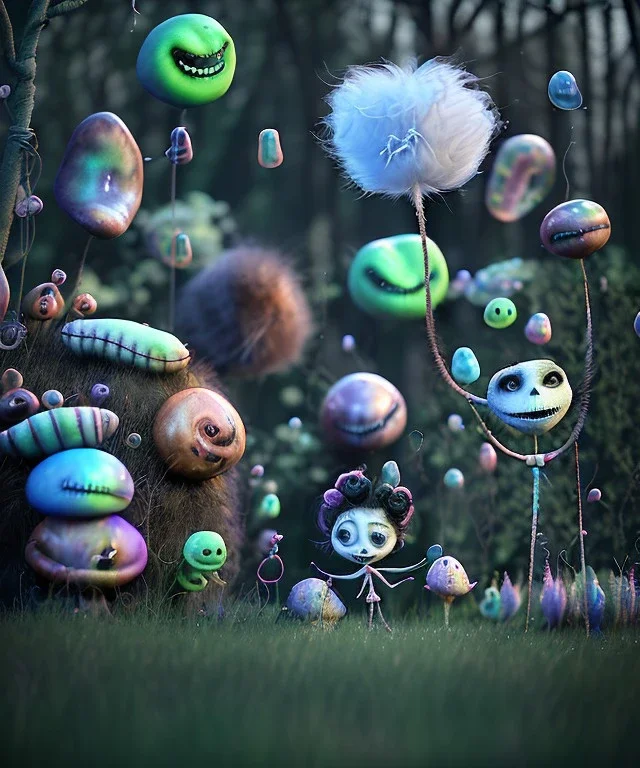 Tim burton photographer, Ultra realistic garden night scene, portrait, wide angle view, child playing with feather pillows and sweet inflatable monsters, circus dress style, feather color, free jumping, many trinkets, hair monster, many jelly beans, balls, smile, extreme, wind, soft color, highly detailed, unreal engine 5, ray tracing, RTX, lumen lighting, ultra detail, volumetric lighting, 3d, finely drawn, high definition.