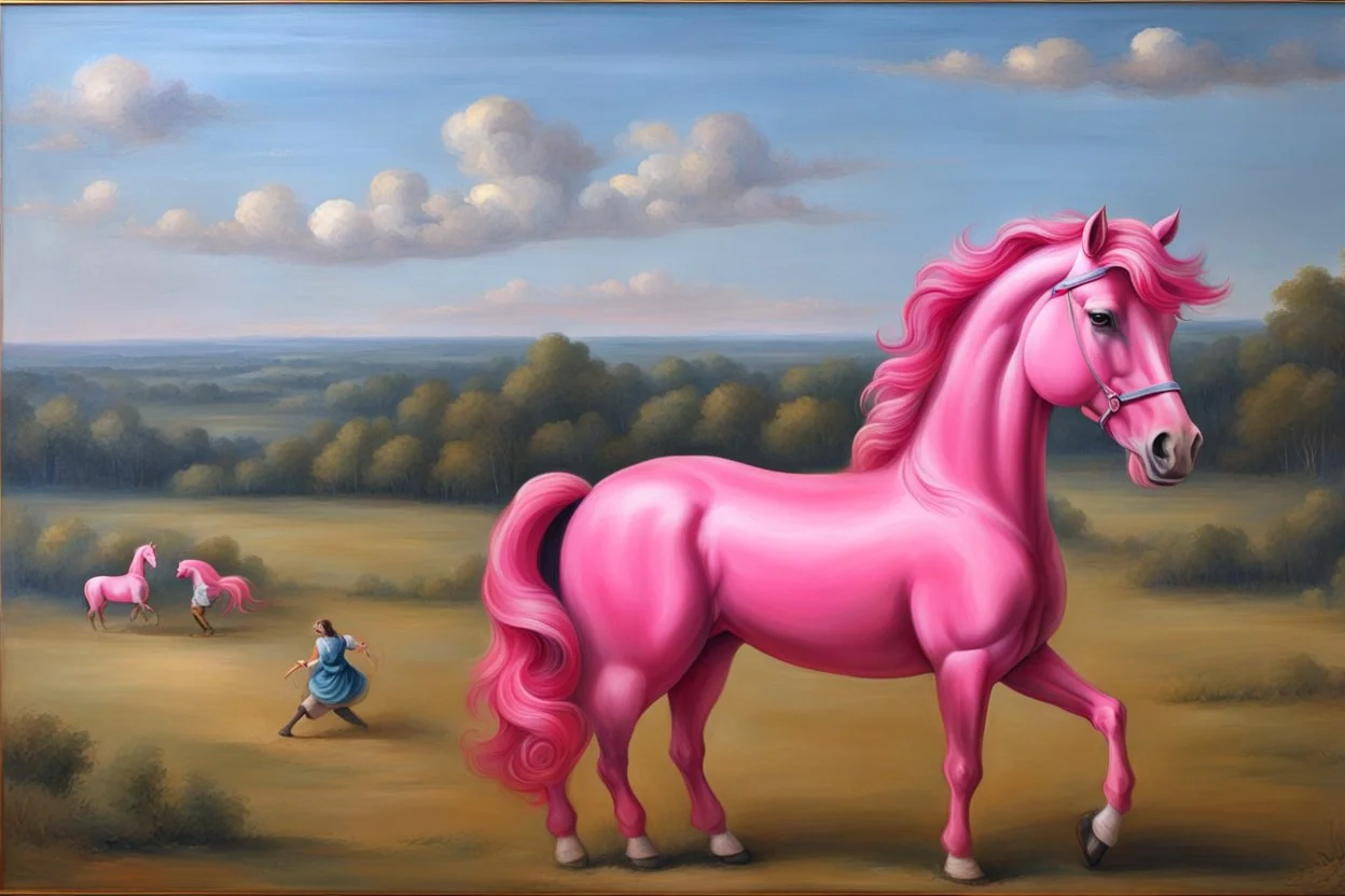 a big plastic pink horse like a 19th painting