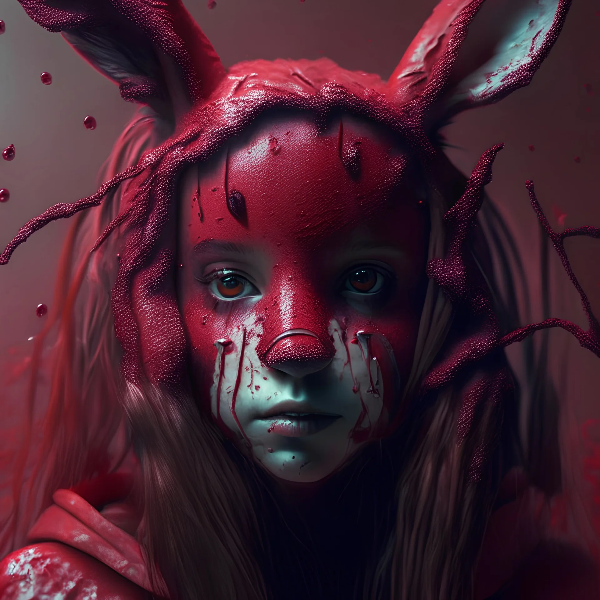 girl, bunny hair, mask slime, out land, darkred tones, realistic photograph , 3d render, octane render, intricately detailed, cinematic,