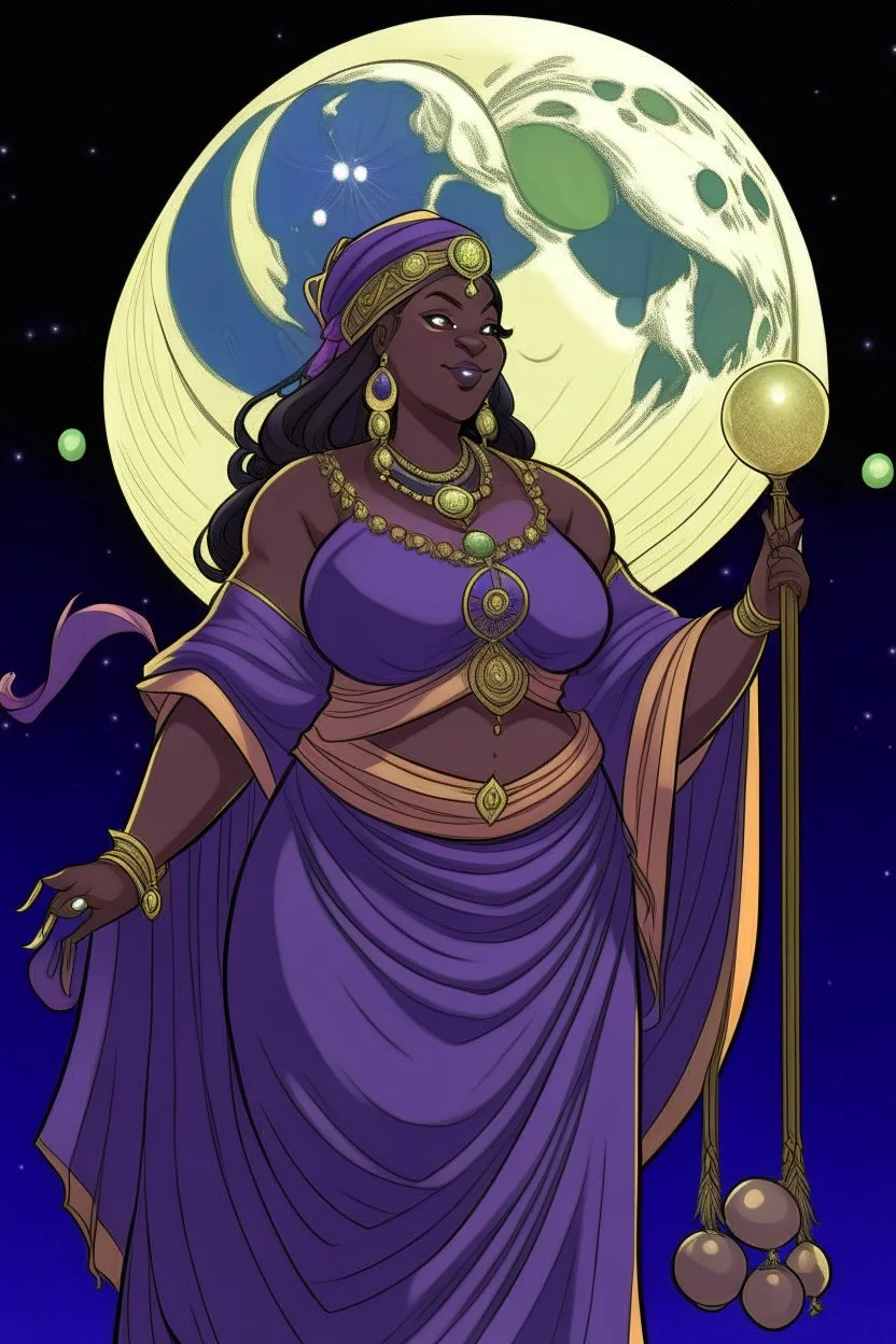 an anime drawing of an 40 year old black woman. she had dark hair in braids and a royal headdress. she is wearing a purple moon-themed african gown. she is plus sized. she has a royal scepter and orb.