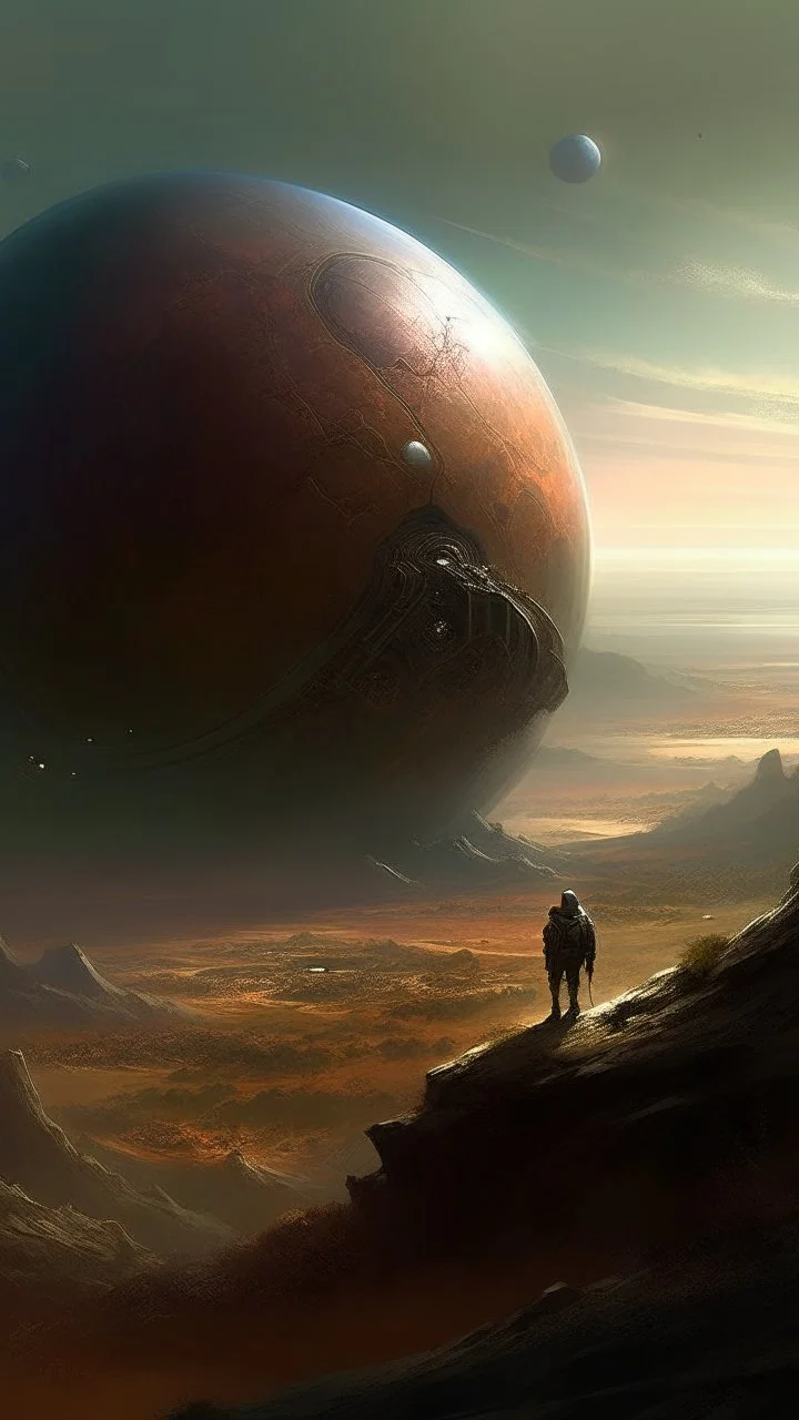 sci fi planet, monster companion, view from distance