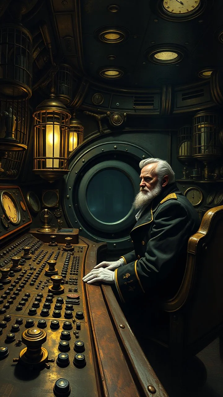 Captain Nemo sitting in a dark submarine control room , filled with cages and buttons and valve on the control dashboard paint it in the baroque style,