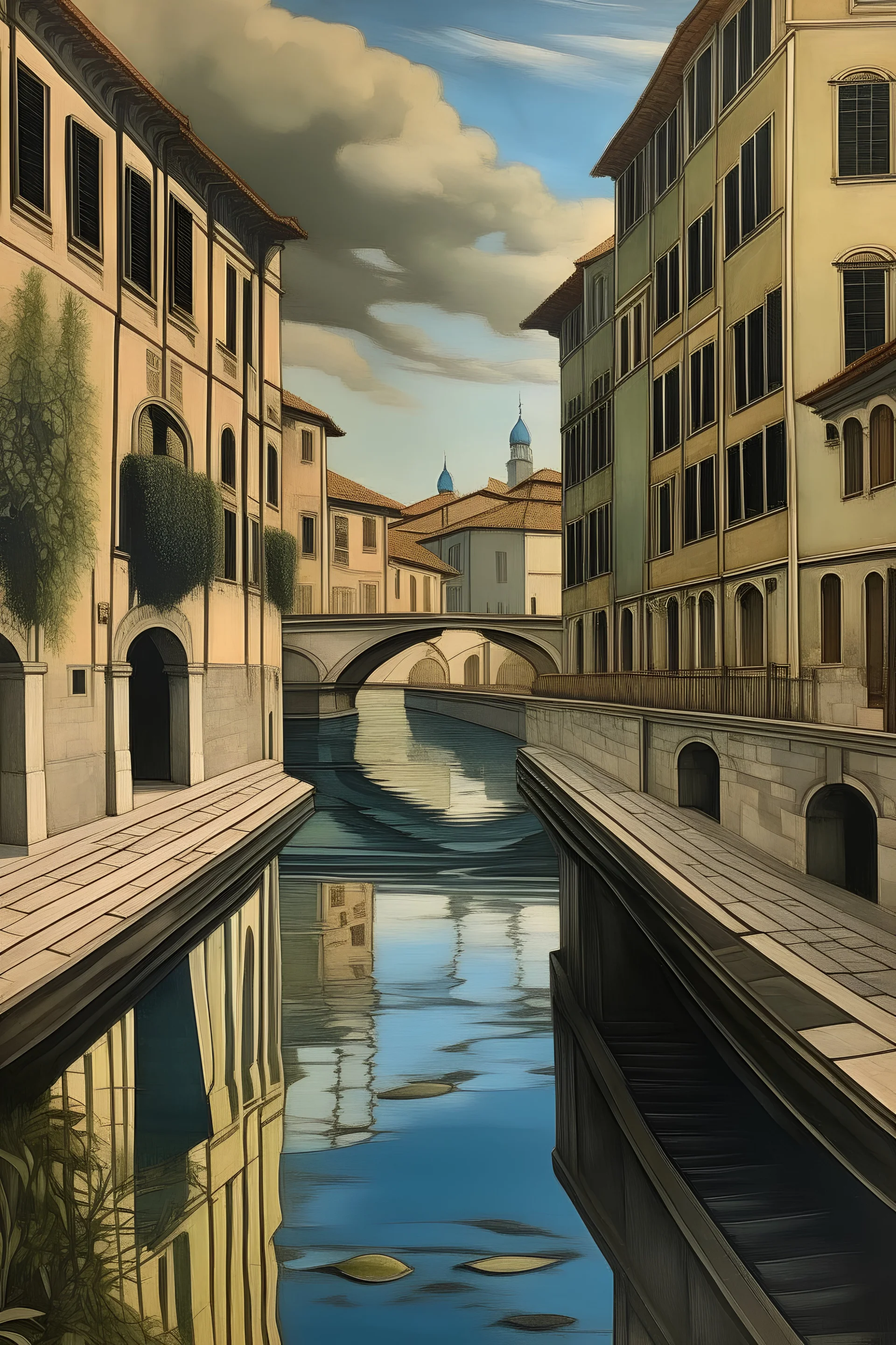 pintura de un rio calmo, dentro de una ciudad. estilo Sandro botticelli