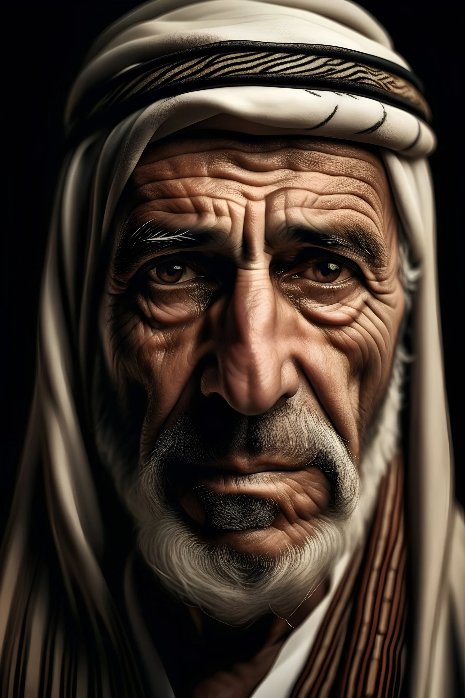 old Arab portrait in artistic way. With worry expression. Front view. With his traditional Arabic costum.