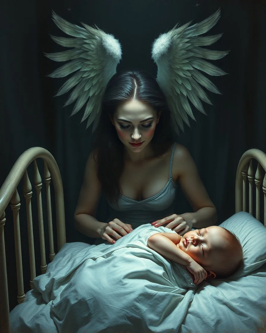 Bosch painting style ,nightmare, an a beautiful woman looks like an Angel behind a baby sleeping in bed in a dim light baby room