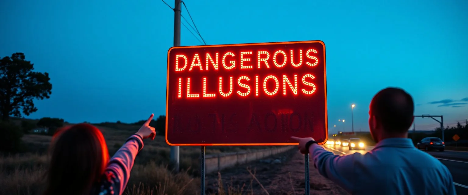 neon roadside sign warning about dangerous illusions and artwork in the road, people pointing at the sign, it has some beautiful neon artwork