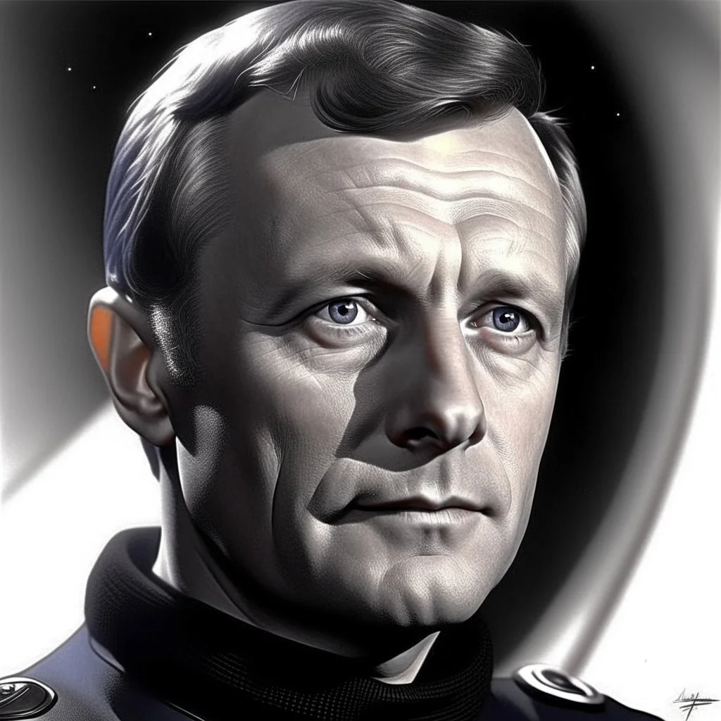 Portrait of german actor Dietmar Schönherr as Cliff Allister Mclane, captain of the space patrol ship orion, photo realistic