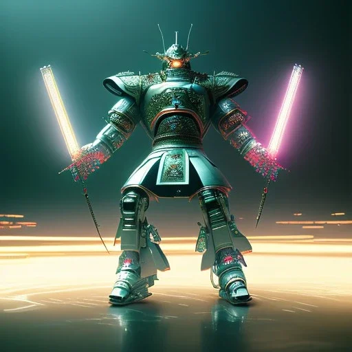 A portrait of a crystalised robot samurai with yakuza tatu, atmospheric, realistic, unreal engine cosmic galactic, cinematic lighting, octane render, random colors, transparent, cosmic ambiance, masterpiece, art by Yoji Shinkawa, composing fit inside