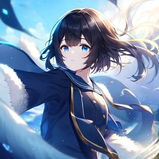 Clear focus,High resolution, Black short fluffy hair, and blue eyes, wearing a sailor uiform, Wind magic