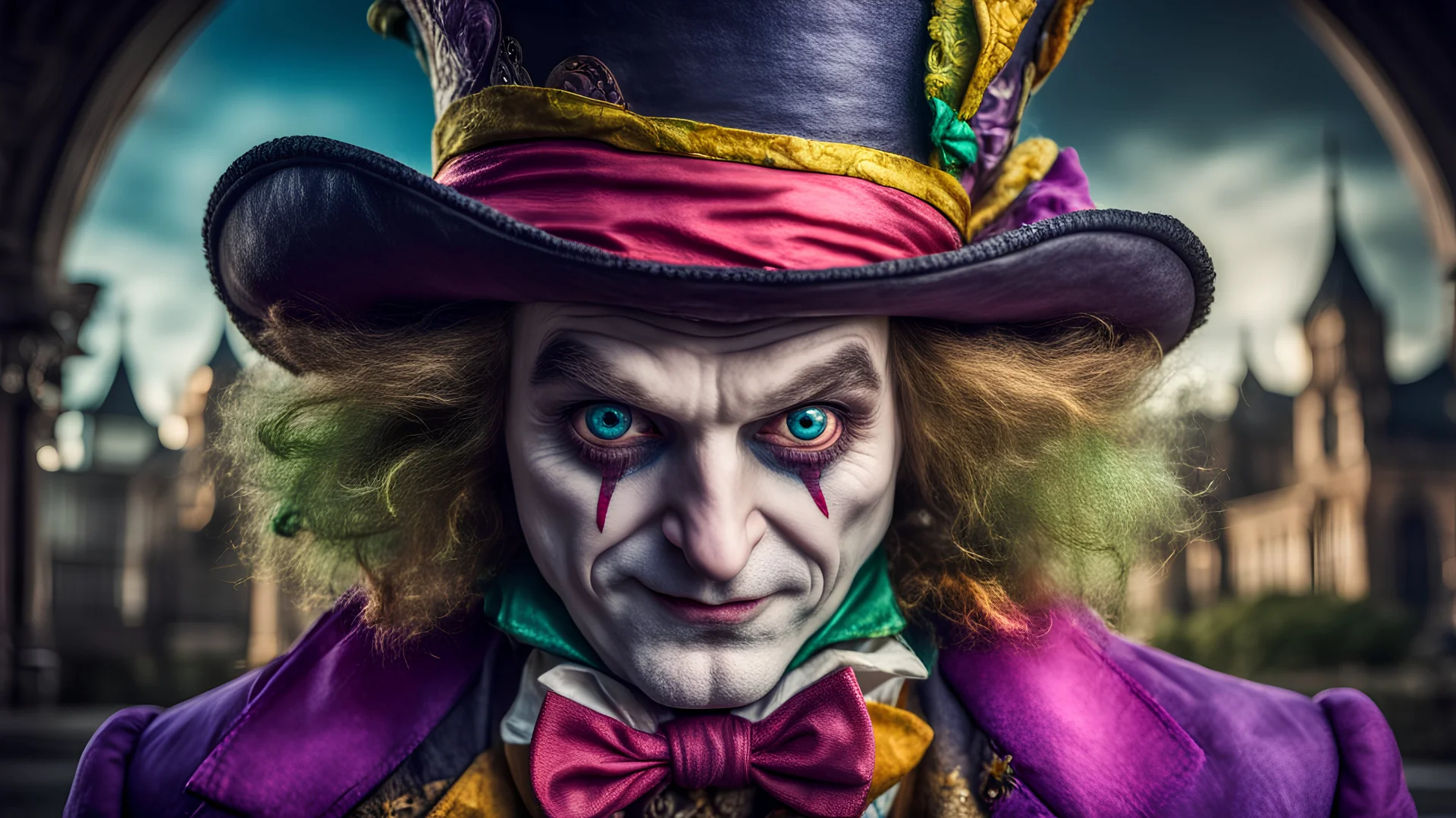 The mad hatter with extremely detailed bulging eyes and a head bigger than his body, bright vibrant colors, intricate details, HDR, beautifully shot, hyperrealistic, sharp focus, 64 megapixels, perfect composition, high contrast, cinematic, atmospheric, moody,