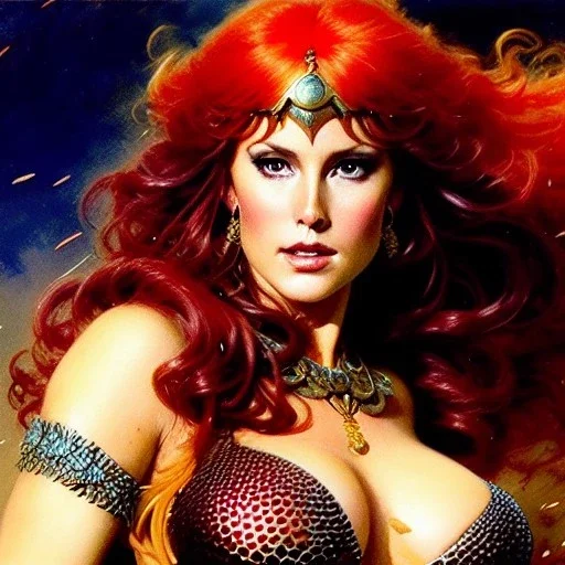 Drawing of beautiful face,'beautiful ,Busty Red Sonja',intense stare, ancient skintight armor, balanciaga fashion clothe painting by gaston bussiere, greg rutkowski, yoji shinkawa, yoshitaka amano, tsutomu nihei, donato giancola, tim hildebrandt, Oil on canvas, cinematic composition, extreme detail,fit full head inside picture,16k