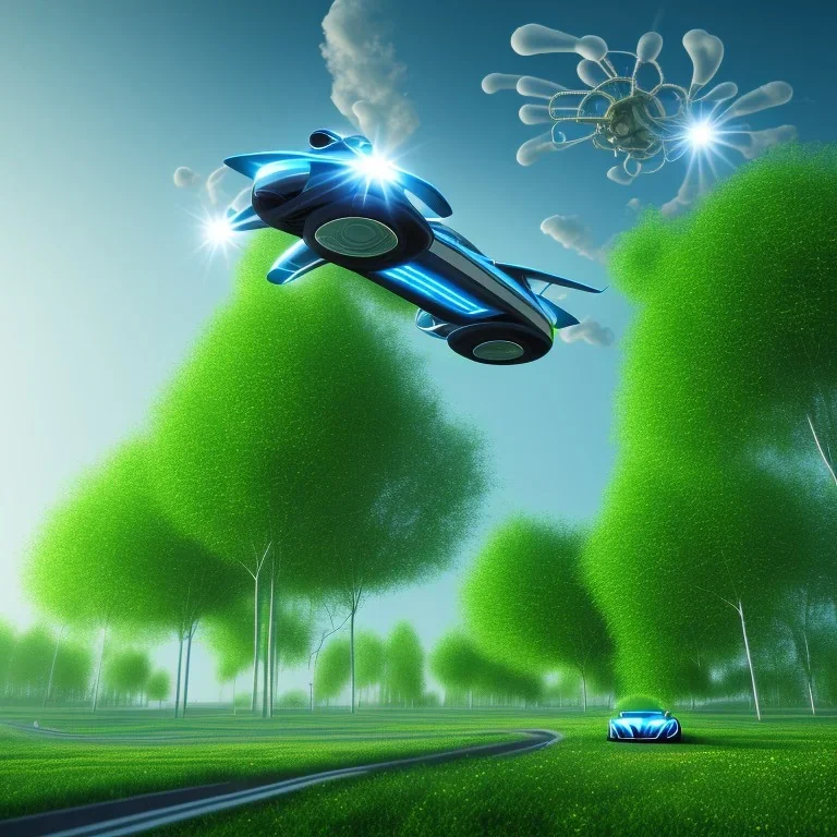 energy, power plant, technology, future, flying cars, green trees, blue sky