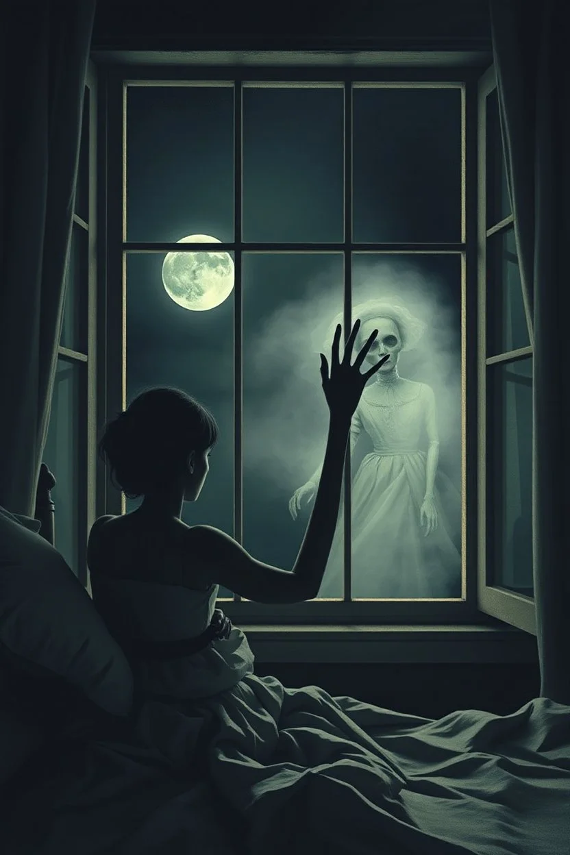 person sits up in a dimly lit bed gazing out the window into a dark, moonless night, where a ghostly apparition of a gaunt Victorian-dressed doll, shrouded in a thick, misty fog, hovers just beyond the panes, its presence eerie and foreboding, a bony, spectral hand beckons with a long, spindly finger, reminiscent of the macabre illustrations of Edward Gorey, yet imbued with the mystical, dreamlike quality of Gertrude Abercrombie's surrealist style, the atmosphere is heavy with malevolent intent