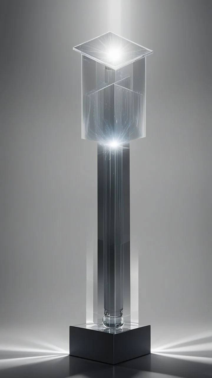 portrait of a square pillar with a bulb in the foot, and mirrors reflecting light like crazy lazers bouncing against the sides up into a square crystal block head at the top