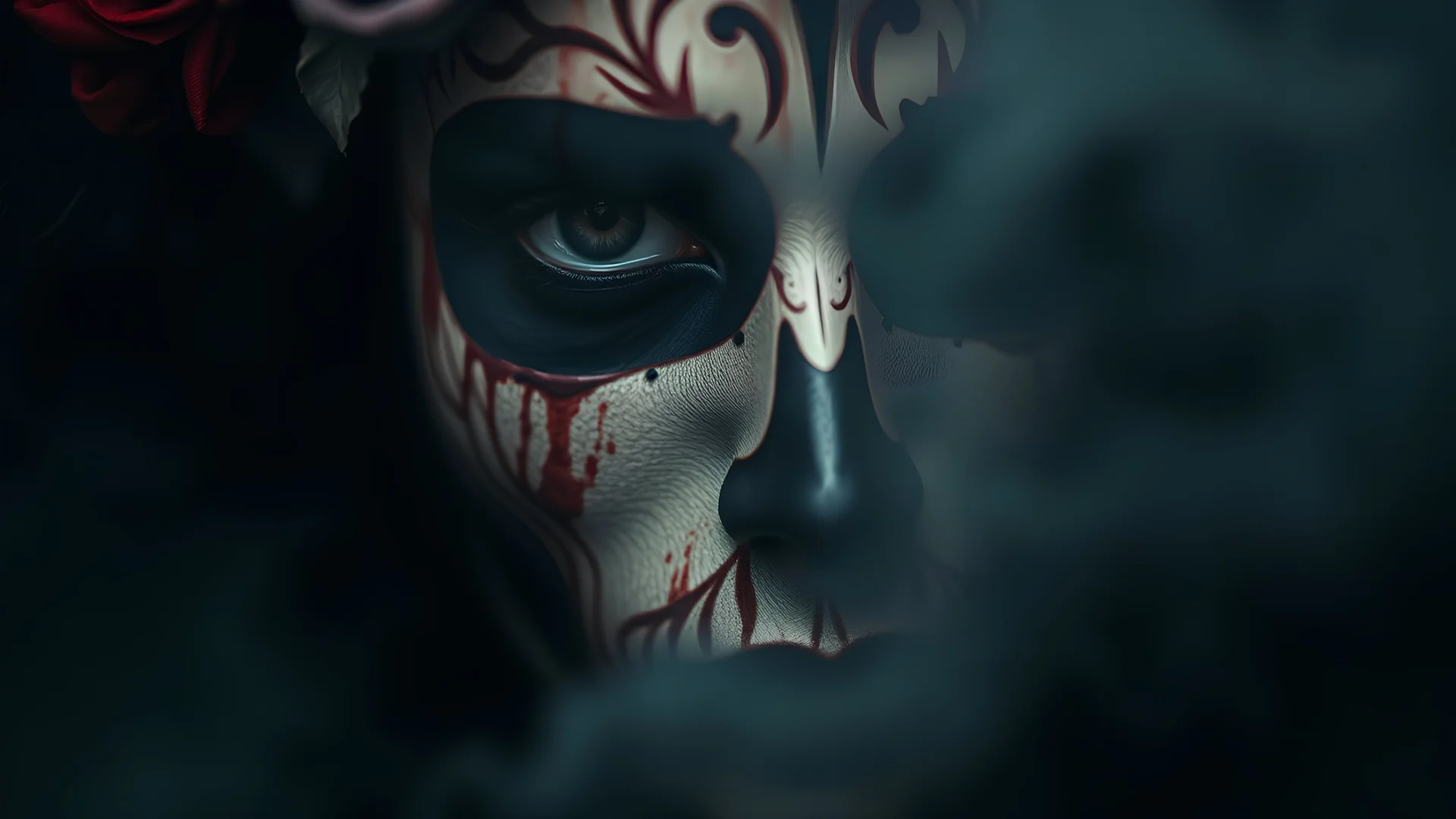 fantasy, , Día de los Muertos, fog, blood ritual, Ritual de sangre pura, mist, rich detail, dark fantasy, zoomed, dark deep colors, rich colors, dark, realistic, photorealism, lume reflection, macro , close up, face portrat,