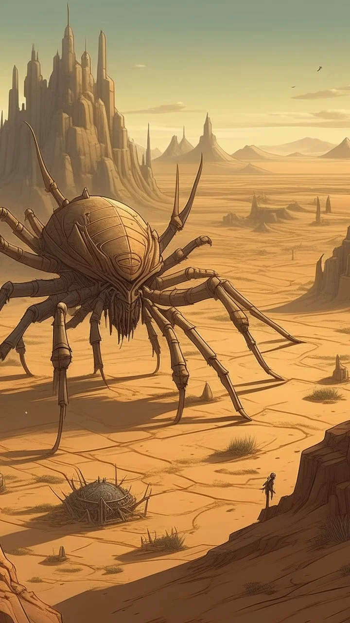 a big and wild spider in the forgotten desert in medieval times, in anime style Bosch nightmares