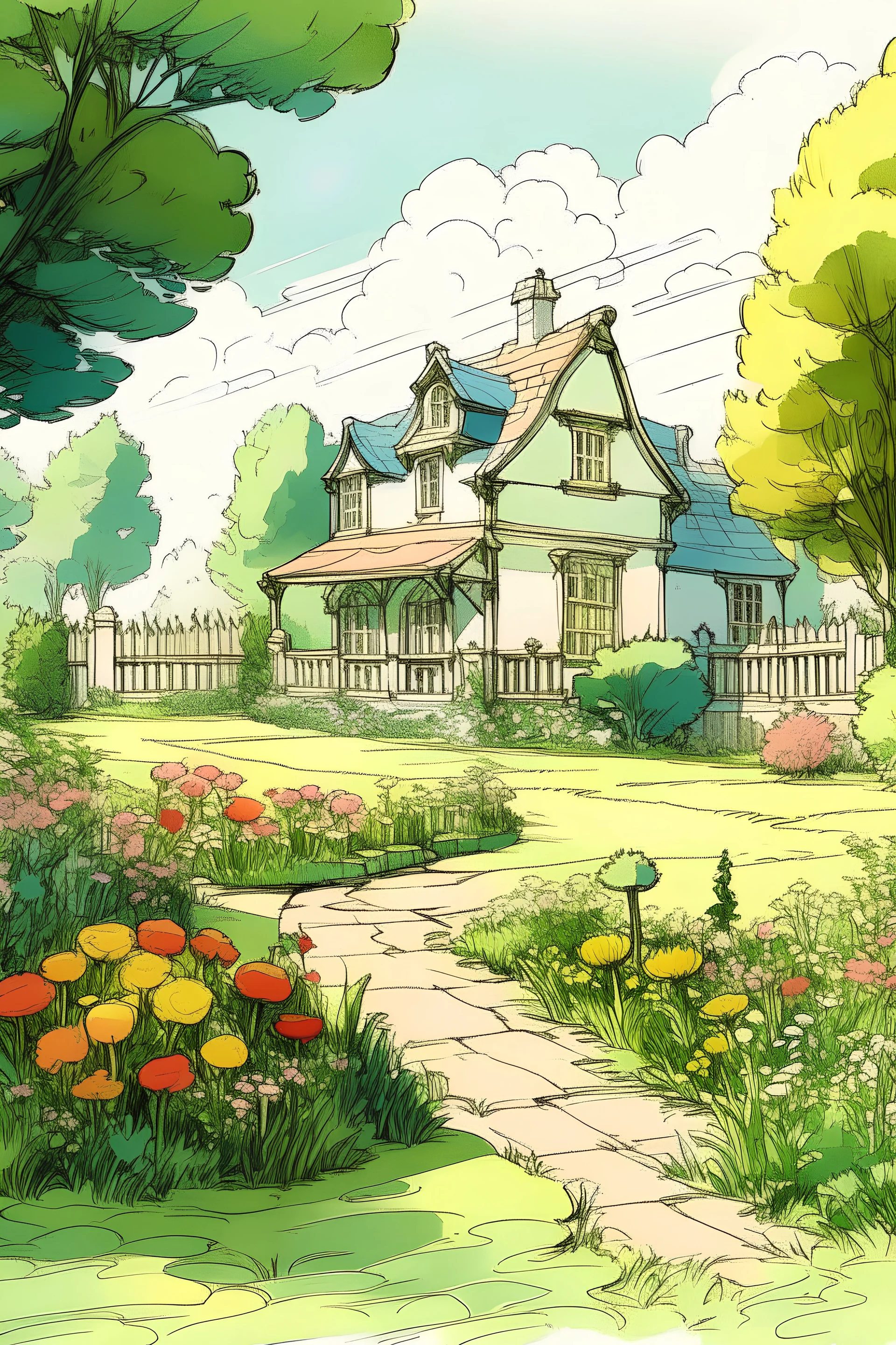 The wide frame sketch shows a peaceful garden and Alice's house on a quiet morning, with bright color details.