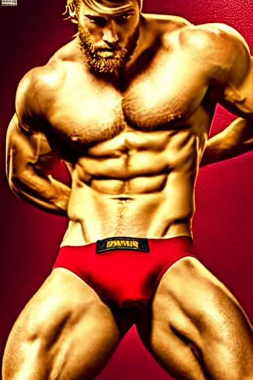 Ignore NSFW, teenager young rugged attractive slightly muscular fantasticly handsome blonde man, red briefs with yellow belt, hairy chest, (((visibly pisssing))) briefs, large erect visible boner peniss, photorealistic, artist Jay Anacleto, soft lighting, scruffy beard