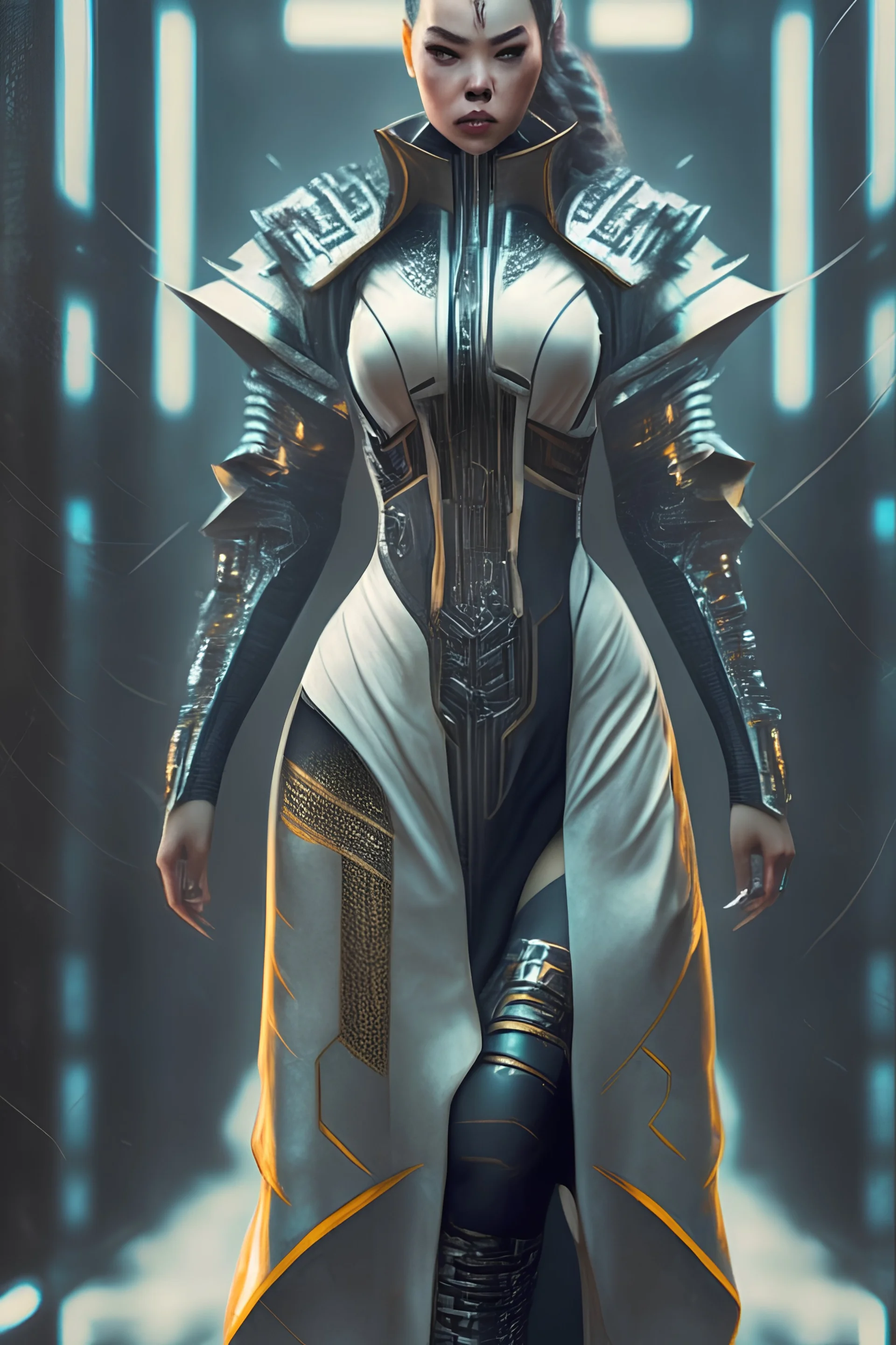 affluent caucasian female martial arts gown cyberpunk