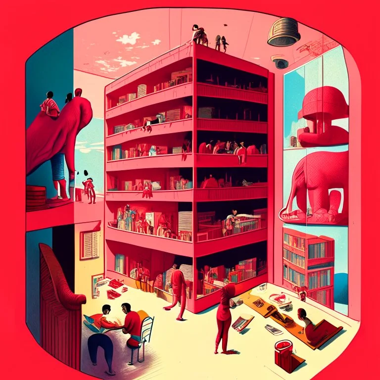 A vertical cross section of a multi-story building showing various rooms and inhabitants, including a person in a red shirt reading at a desk, another person dressed in pink washing clothes, and an elephant in a room with a red wall, with a sky sunny outside