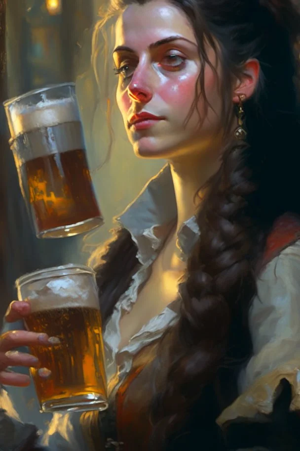 a painting of a woman holding a glass of beer, a fine art painting by Robert Lenkiewicz, cgsociety, fantasy art, detailed painting, 2d game art, unreal engine 5