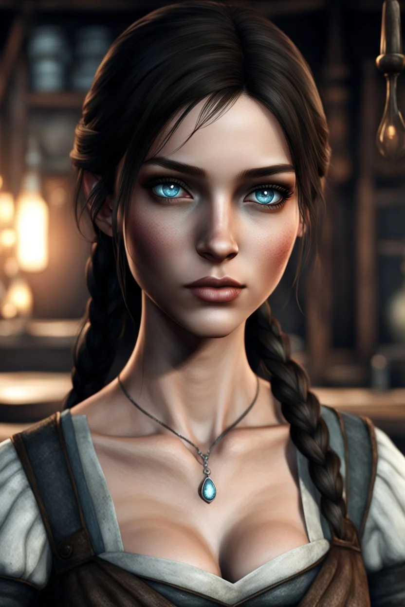 A young female breton barmaid from Skyrim with light blue eyes, brunette, melancholic, wholesome, sad