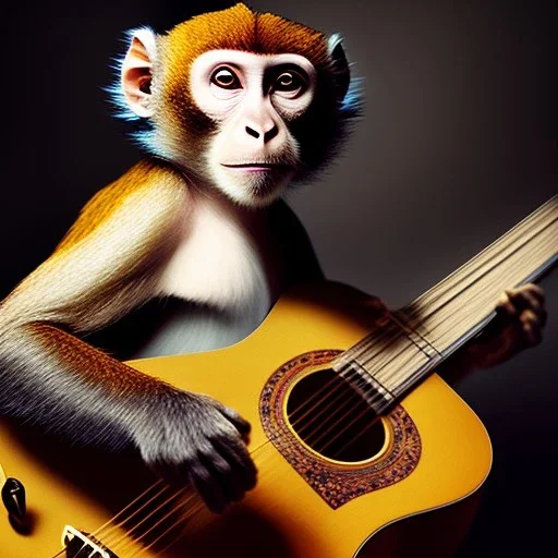 Audobon painting of a monkey playing a guitar, 6 strings, fingers