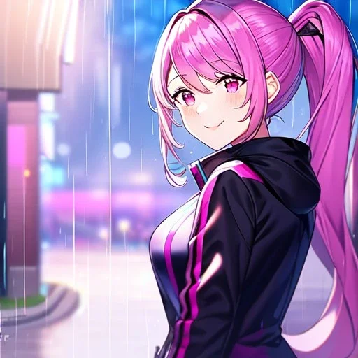 Clear focus, 8k, high quality, detailed, beautiful lighting, girl, vibrant colors, long hair, vibrant pink eyes, raining, ponytail, smile, jacket,