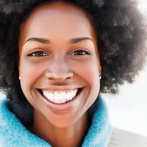 Portrait of a black woman with realistic fascial features, perfect smile, and coily hair in winter wonderland