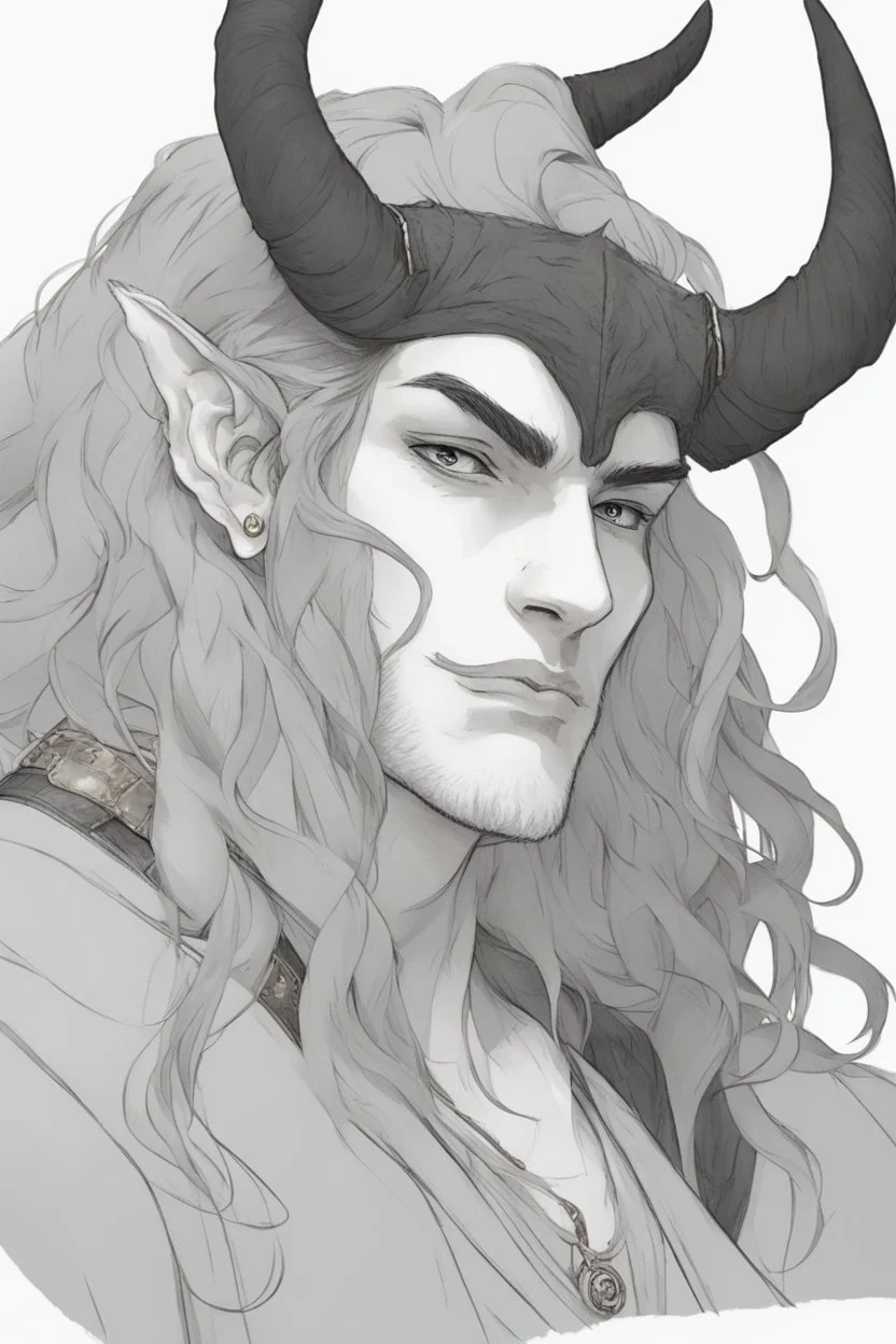 A dnd character portrait, a tiefling man with long hair and two long black horns that curve backwards, white eyes and pale skin. Handsome. Young.