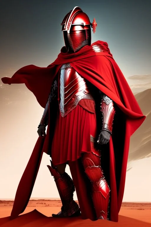 Planet Mars portrayed as a menacing man wearing Roman-like armour, a red cape, and a spartan helmet that covers his face entirely