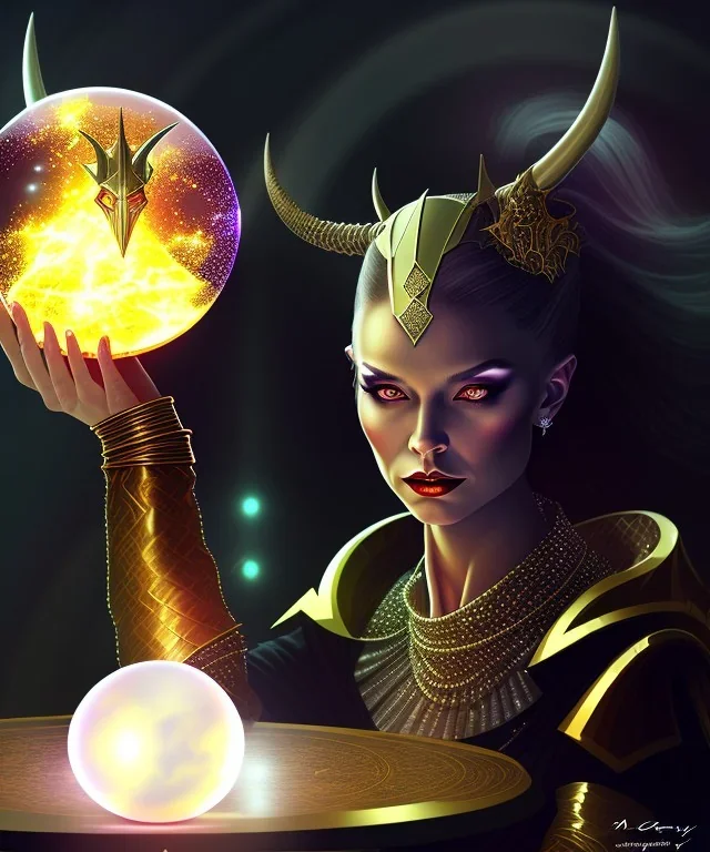 A dark female entity with horns sitting down on her thronr looking into a small crystal ball on a table, fantasy, realistic