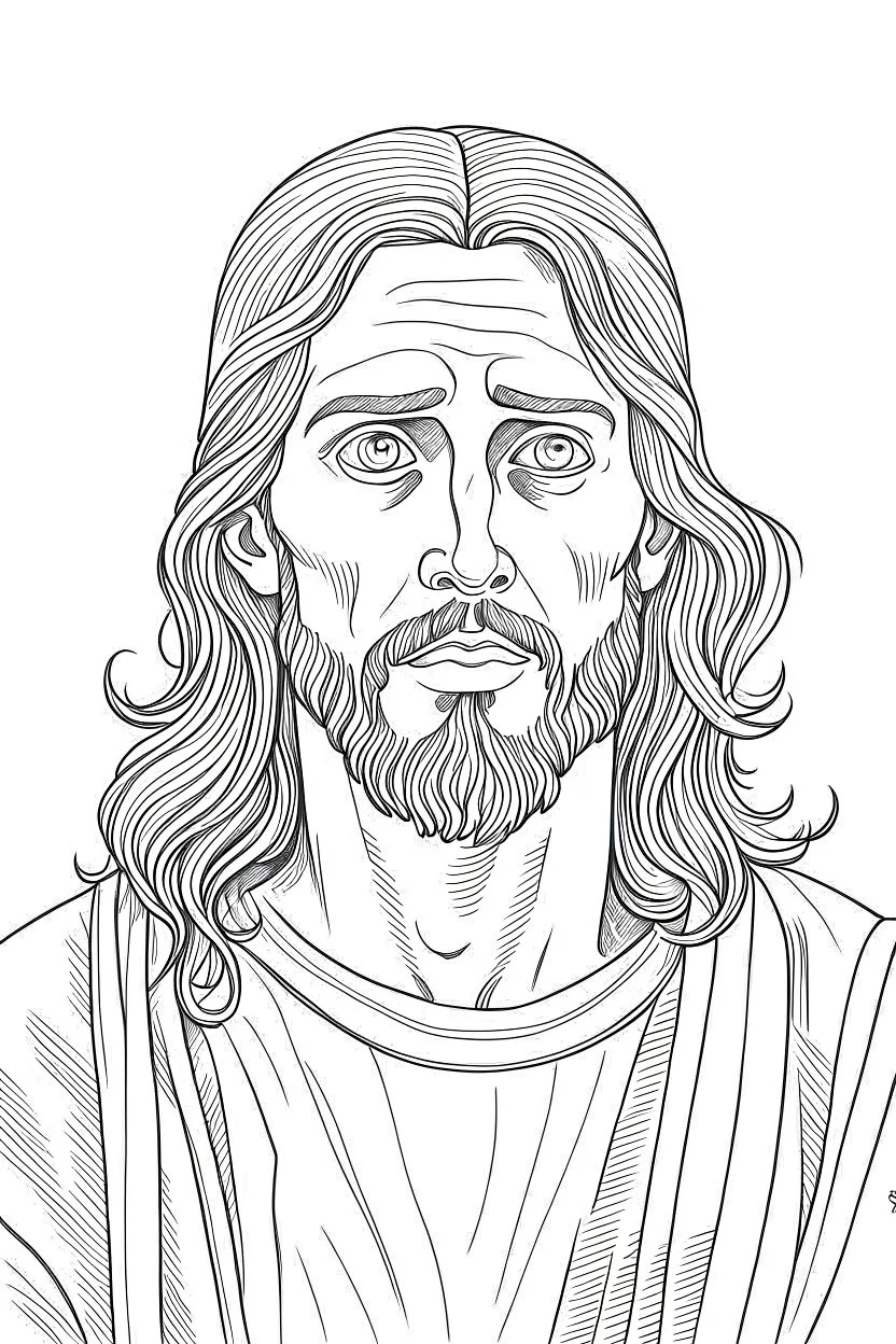 Jesus, realistic, each unique, full view, only draw lines, clean line art, –no sketch, white background, minimalistic black lines, minimal black color, coloring page, thin black line art, perfect shape, perfect clear lines,