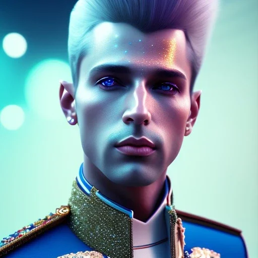 Portrait of an handsome man, prince galactic, glitter blue velvet suit with jewels and stripes, blond hair, blue eyes, cinematic lights unreal engine 5, 4k, high details, beam znd stars in background