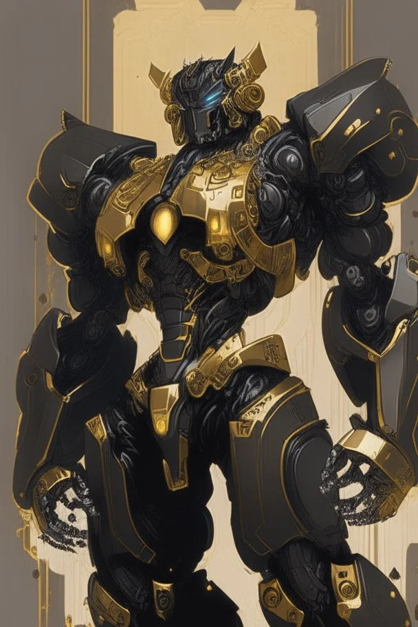 black mecha with golden ornaments, comic style