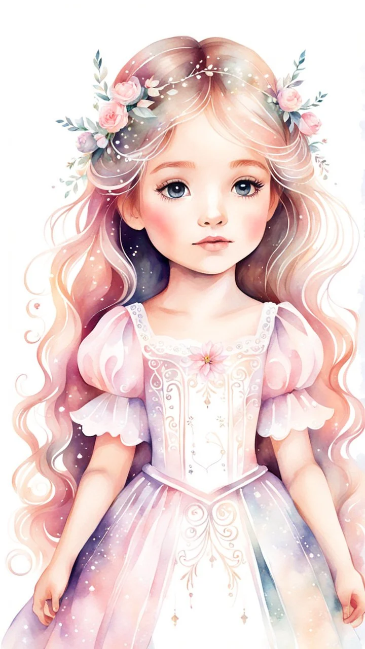 A beautiful little girl in a fantasy storybook illustration style. Delicate details, soft lines, gentle watercolor (pastel) colors. May have a small flower crown or fantasy dress. A magical and dreamy atmosphere.